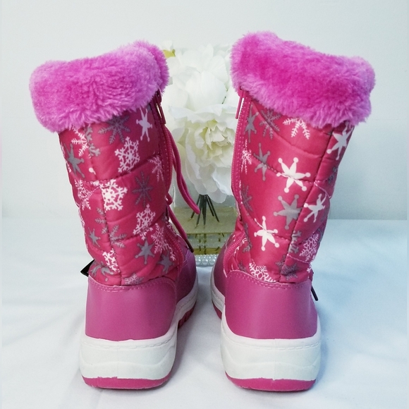 Toddler Girl's Pink Snowflakes Print  Lace Up Zippered Winter Snow Boots - Picture 8 of 12